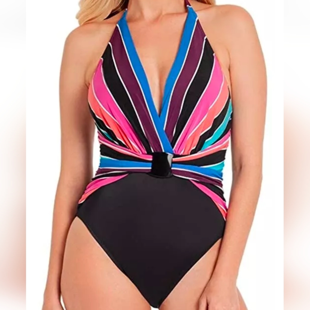 NWT Magicsuit Prism Angelina V Neck One Piece Halter Swimsuit Size 16